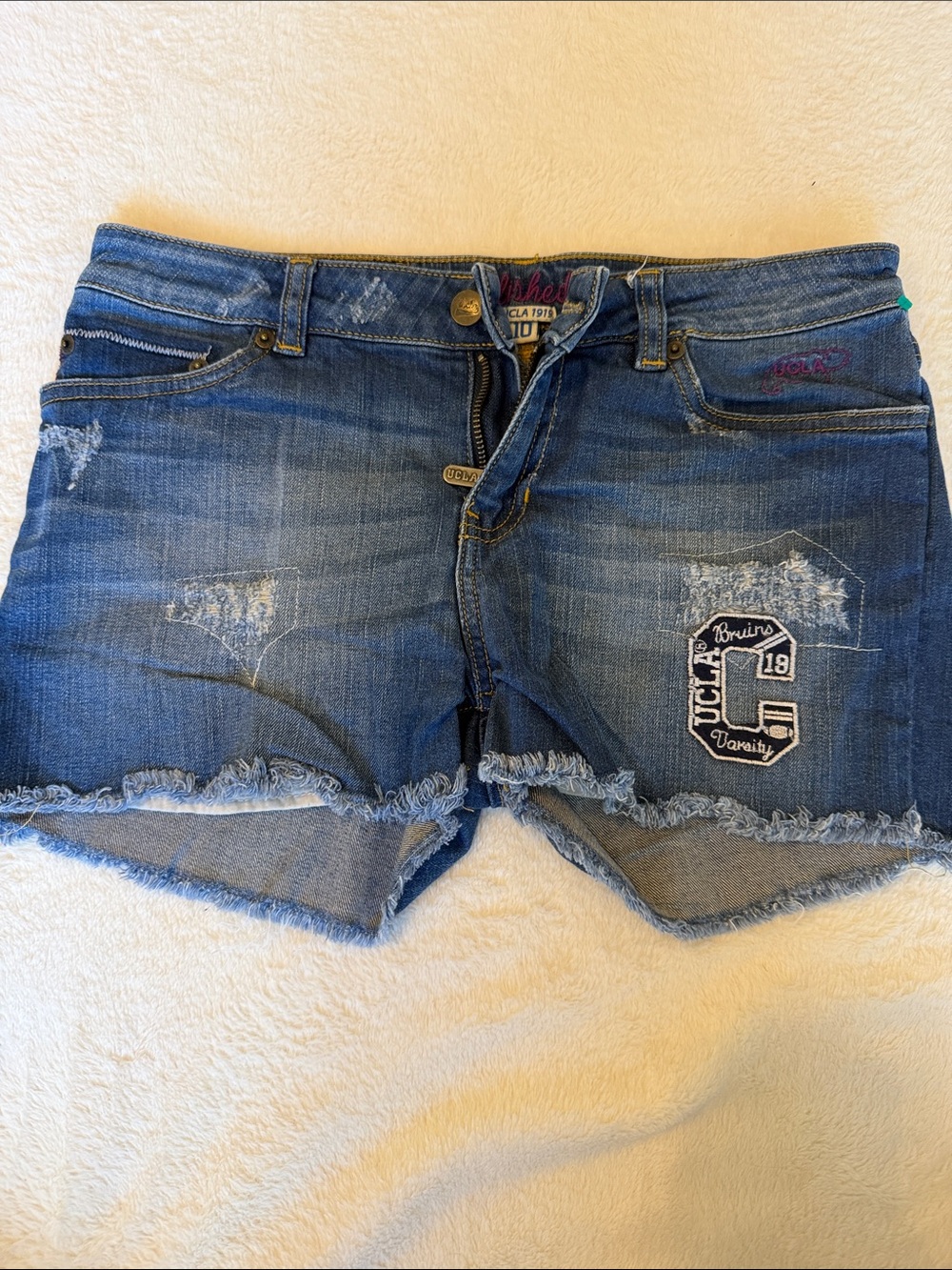 Distressed Blue Denim Jean UCLA Shorts with Varsity Patch